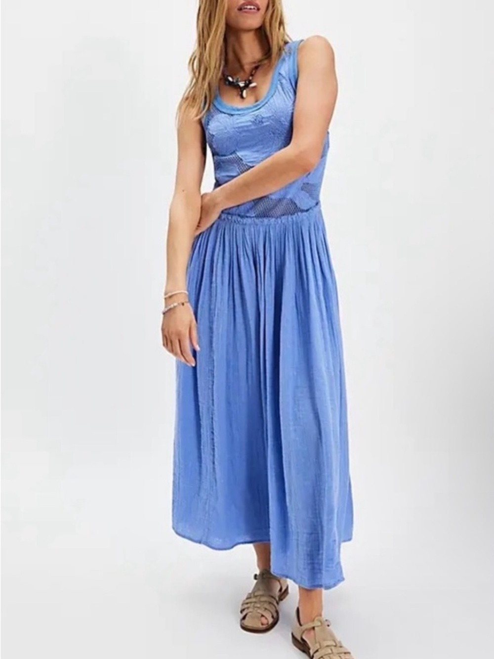 Free People Pearl Floral Maxi Dress Periwinkle Blue Sz M Boho Open Knit $198 - Picture 3 of 6